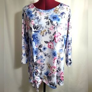 All Hours silky white tunic with pink and blue floral women's XL  #768